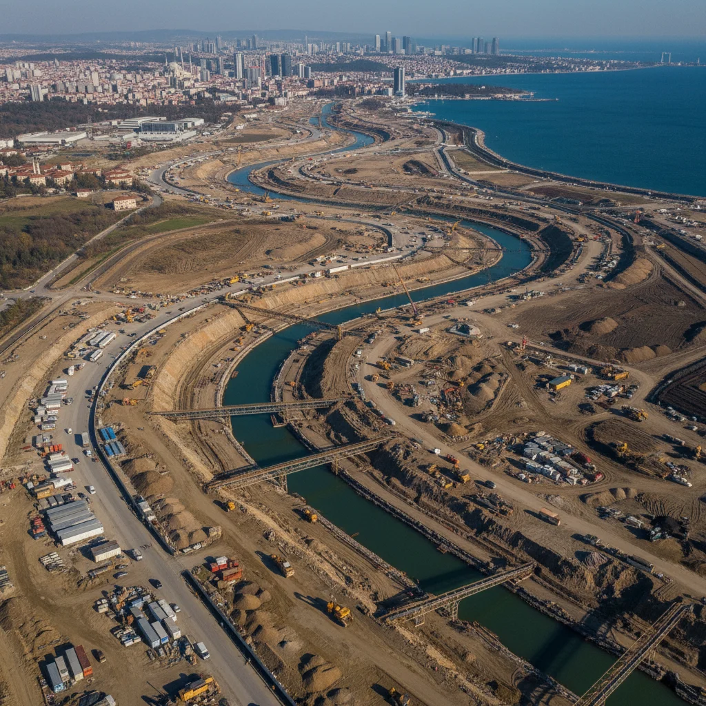 istanbul canal construction site aerial view